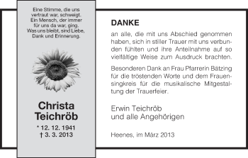 Todesanzeige von Christa Teichröb von Hersfeld