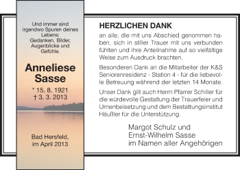 Todesanzeige von Anneliese Sasse von Hersfeld