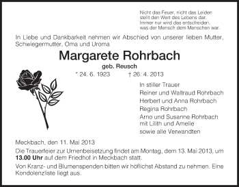 Todesanzeige von Margarete Rohrbach von Hersfeld