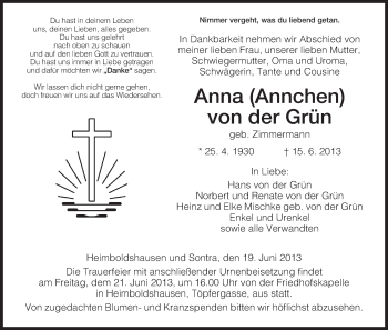 Todesanzeige von Anna von der Grün von Hersfeld