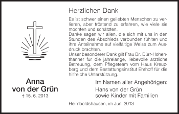 Todesanzeige von Anna von der Grün von Hersfeld