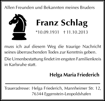 Todesanzeige von Franz Schlag von Hersfeld