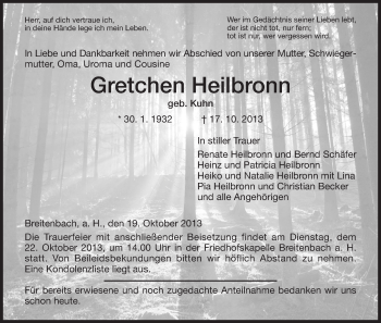 Todesanzeige von Gretchen Heilbronn von Hersfeld