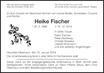 Todesanzeige von Heike Fischer von Hersfeld