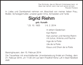 Todesanzeige von Sigrid Riehm von Hersfeld