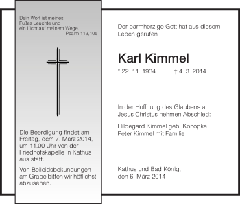 Todesanzeige von Karl Kimmel von Hersfeld