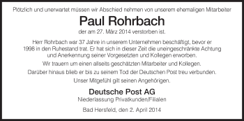 Todesanzeige von Paul Rohrbach von Hersfeld