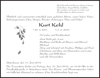 Todesanzeige von Kurt Kehl von Hersfeld