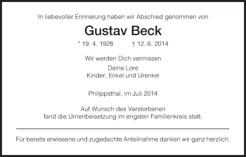 Todesanzeige von Gustav Beck von Hersfeld