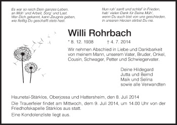 Todesanzeige von Willi Rohrbach von Hersfeld