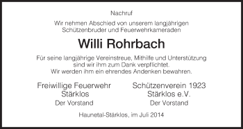 Todesanzeige von Willi Rohrbach von Hersfeld