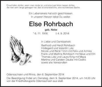 Todesanzeige von Else Rohrbach von Hersfeld