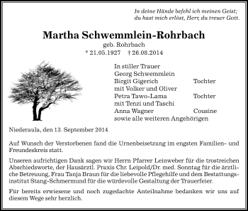 Todesanzeige von Martha Schwemmlein-Rohrbach von Hersfeld