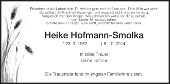 Todesanzeige von Heike Hofmann-Smolka von Hersfeld