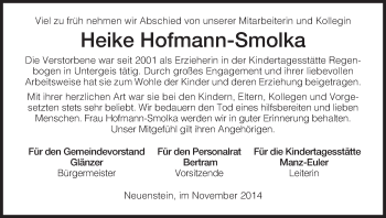 Todesanzeige von Heike Hofmann-Smolka von Hersfeld