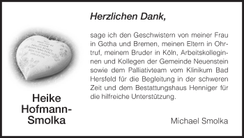 Todesanzeige von Heike Hofmann-Smolka von Hersfeld