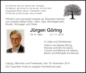 Todesanzeige von Jürgen Göring von Hersfeld