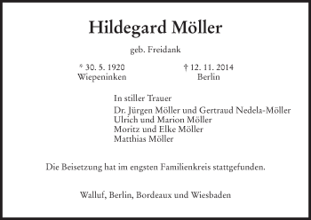 Todesanzeige von Hildegard Möller von Hersfeld
