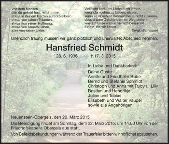 Todesanzeige von Hansfried Schmidt von Hersfeld