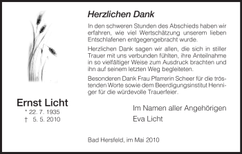 Todesanzeige von Ernst Licht von HERSFELDER ZEITUNG