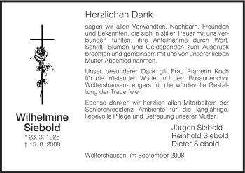 Todesanzeige von Wilhelmine Siebold von HERSFELDER ZEITUNG