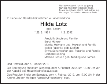 Todesanzeige von Hilda Lotz von HERSFELDER ZEITUNG
