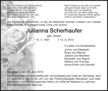 Todesanzeige von Julianna Scherhaufer von Hersfeld