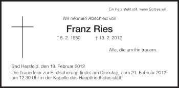 Todesanzeige von Franz Ries von HERSFELDER ZEITUNG