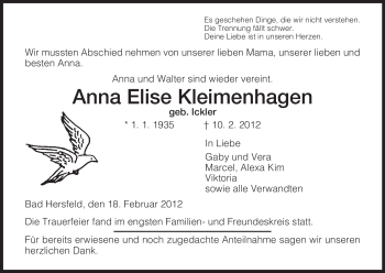 Todesanzeige von Anna Elise Kleimenhagen von HERSFELDER ZEITUNG