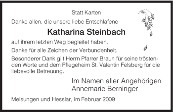 Todesanzeige von Katharina Steinbach von HERSFELDER ZEITUNG