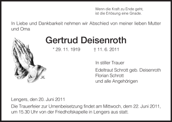 Todesanzeige von Gertrud Deisenroth von HERSFELDER ZEITUNG