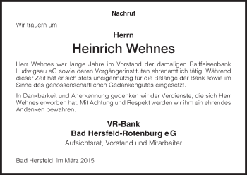 Todesanzeige von Heinrich Wehnes von Hersfeld