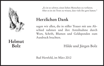 Todesanzeige von Helmut Bolz von HERSFELDER ZEITUNG