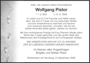 Todesanzeige von Wolfgang Pistor von HERSFELDER ZEITUNG