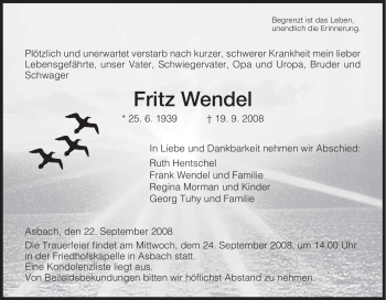 Todesanzeige von Fritz Wendel von HERSFELDER ZEITUNG