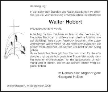 Todesanzeige von Walter Hobert von HERSFELDER ZEITUNG