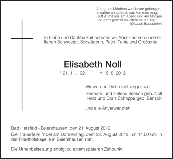 Todesanzeige von Elisabeth Noll von HERSFELDER ZEITUNG