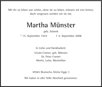 Todesanzeige von Martha Münster von HERSFELDER ZEITUNG
