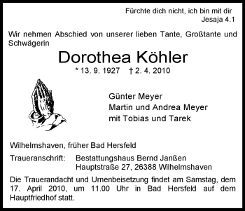 Todesanzeige von Dorothea Köhler von HERSFELDER ZEITUNG