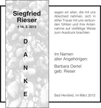 Todesanzeige von Siegfried Rieser von HERSFELDER ZEITUNG