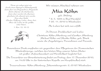 Todesanzeige von Mia Köhn von HERSFELDER ZEITUNG