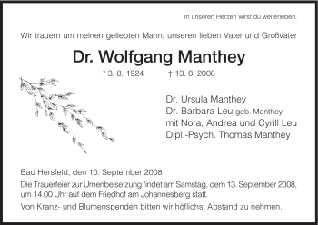 Todesanzeige von Wolfgang Manthey von HERSFELDER ZEITUNG