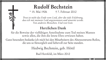 Todesanzeige von Rudolf Bechstein von HERSFELDER ZEITUNG