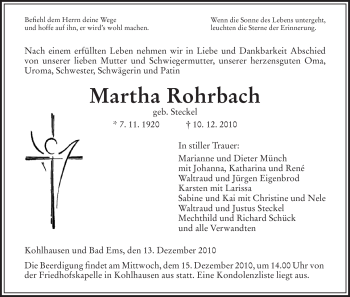 Todesanzeige von Martha Rohrbach von HERSFELDER ZEITUNG