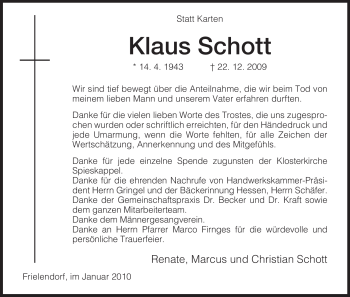 Todesanzeige von Klaus Schott von HERSFELDER ZEITUNG