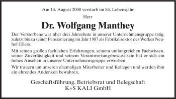 Todesanzeige von Wolfgang Manthey von HERSFELDER ZEITUNG