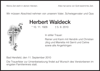 Todesanzeige von Herbert Waldeck von HERSFELDER ZEITUNG