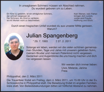 Todesanzeige von Julian Spangenberg von HERSFELDER ZEITUNG