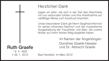 Todesanzeige von Ruth Graefe von HERSFELDER ZEITUNG