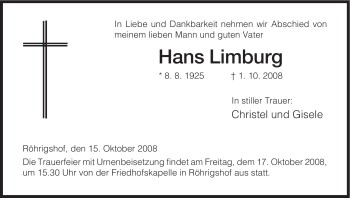 Todesanzeige von Hans Limburg von HERSFELDER ZEITUNG